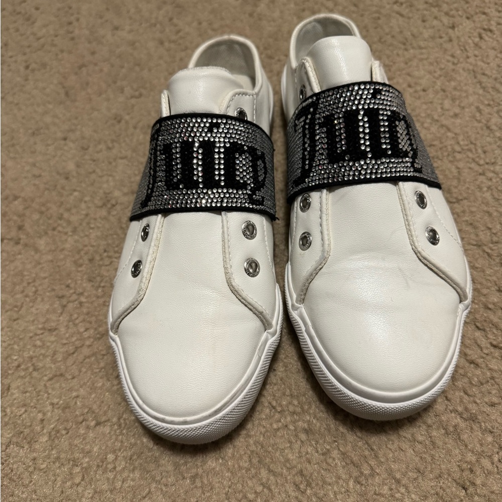 Juicy Couture White Slip-On Sneakers with Black Rhinestone Strap